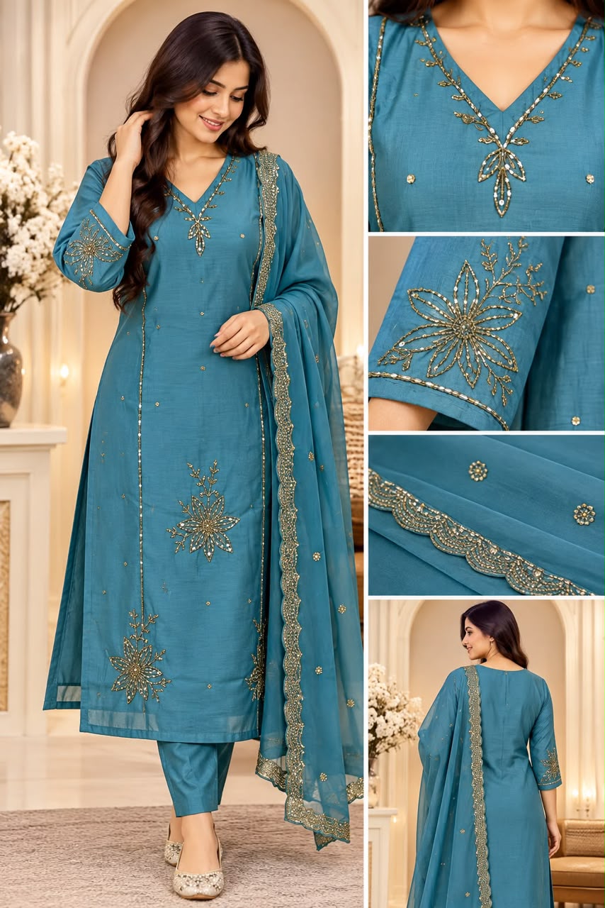 Teal Embroidered Straight Churidar Set
